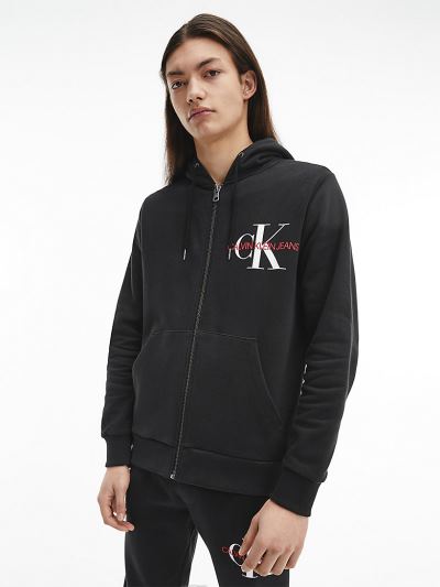 Calvin Klein Ruhák HU179289 | Calvin Klein Organic Cotton Zip Up Logo Férfi Kapucnis Pulóver Fekete